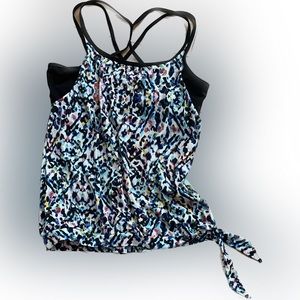 Athleta Multi-Colored Tankini Top with black shelf bra. Size M